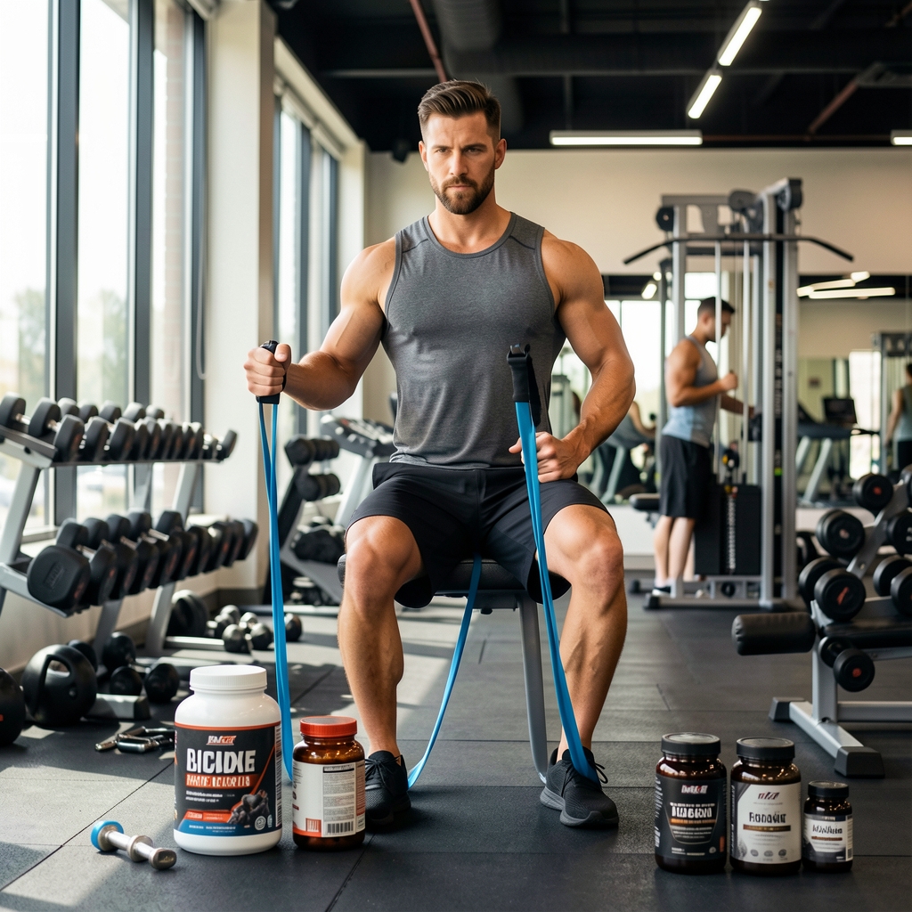 Active lifestyle, man in gym with resistance band and supplement containers, editorial sports composition